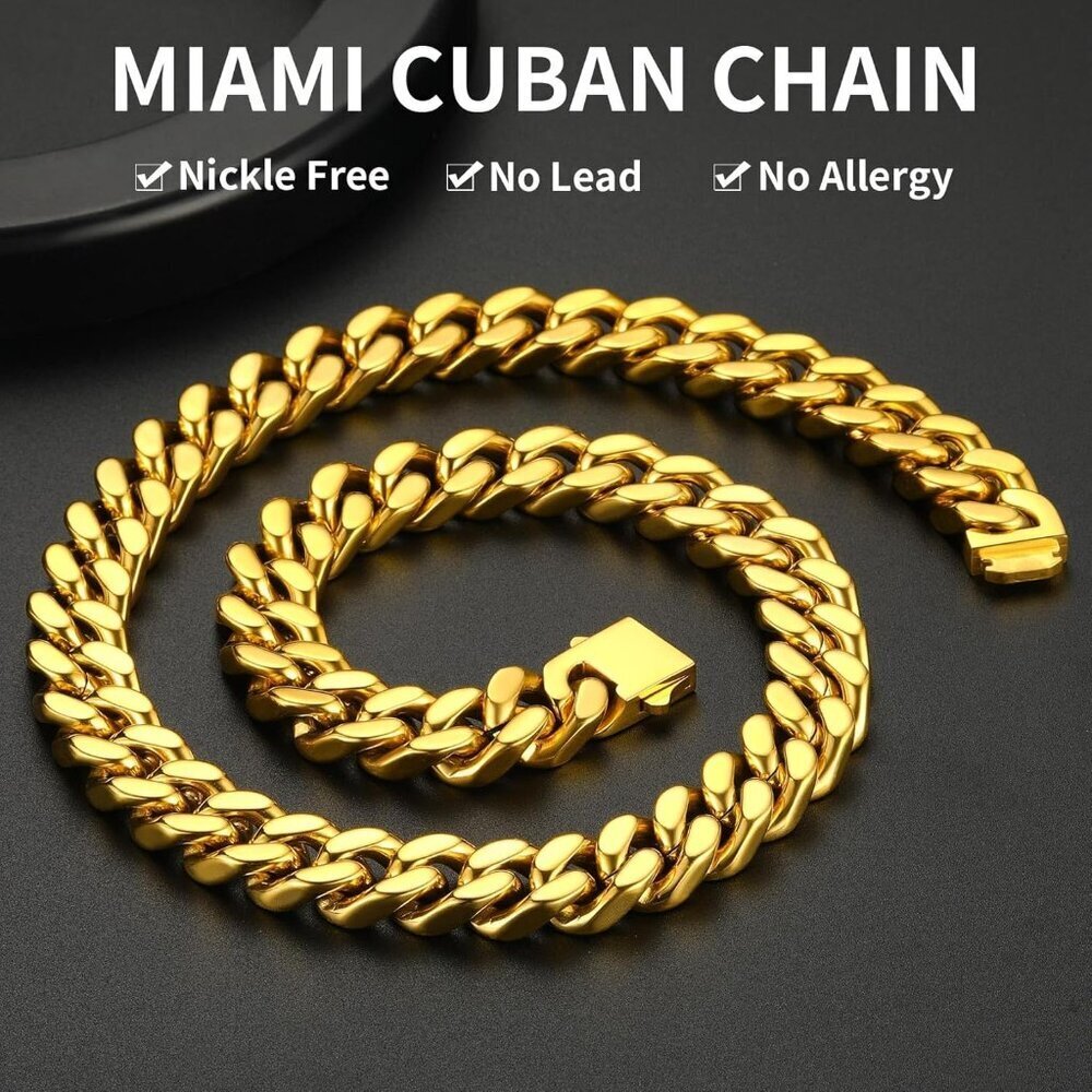 Gold/18K 14 mm width Plated Miami Cuban Chain Necklace | Stainless Steel Men - Picture 2 of 7